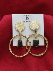 Elegant Textured Gold Hoop Earrings with Black Stone Accent