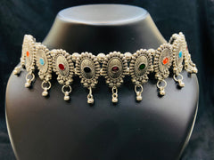 Oxidized Silver Choker Necklace With Multicolor Accents