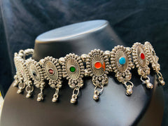 Oxidized Silver Choker Necklace With Multicolor Accents