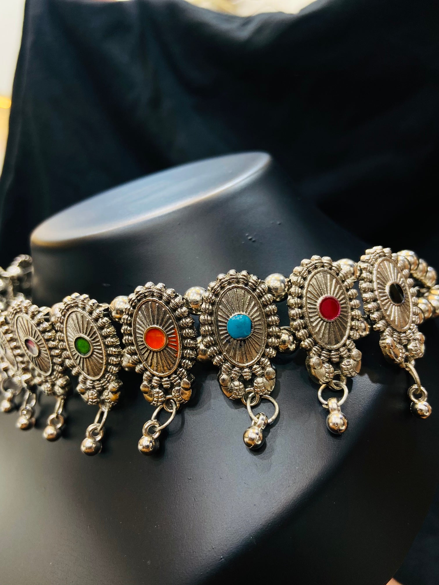 Oxidized Silver Choker Necklace With Multicolor Accents