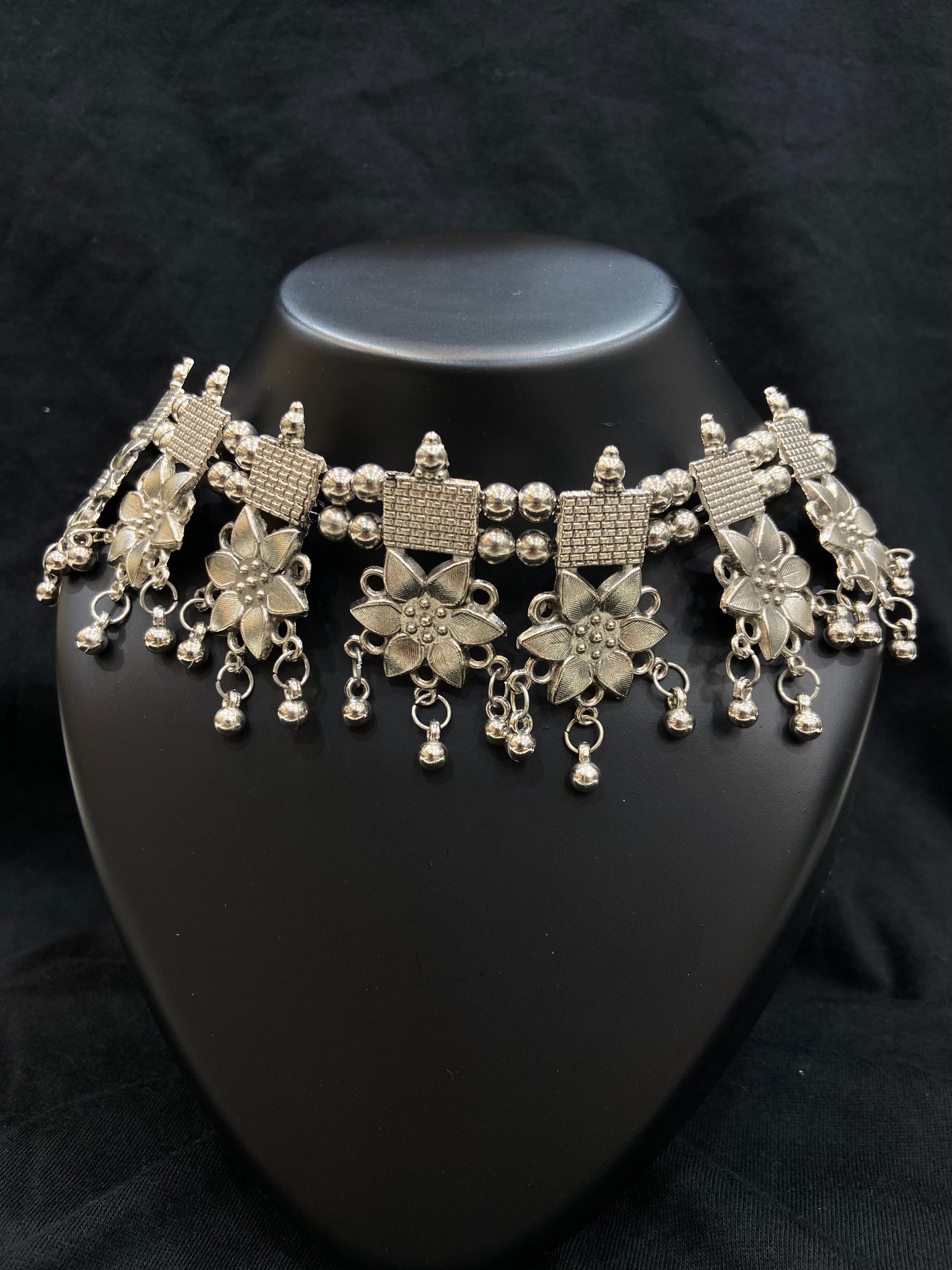Oxidized Silver Floral Choker Necklace (Copy)