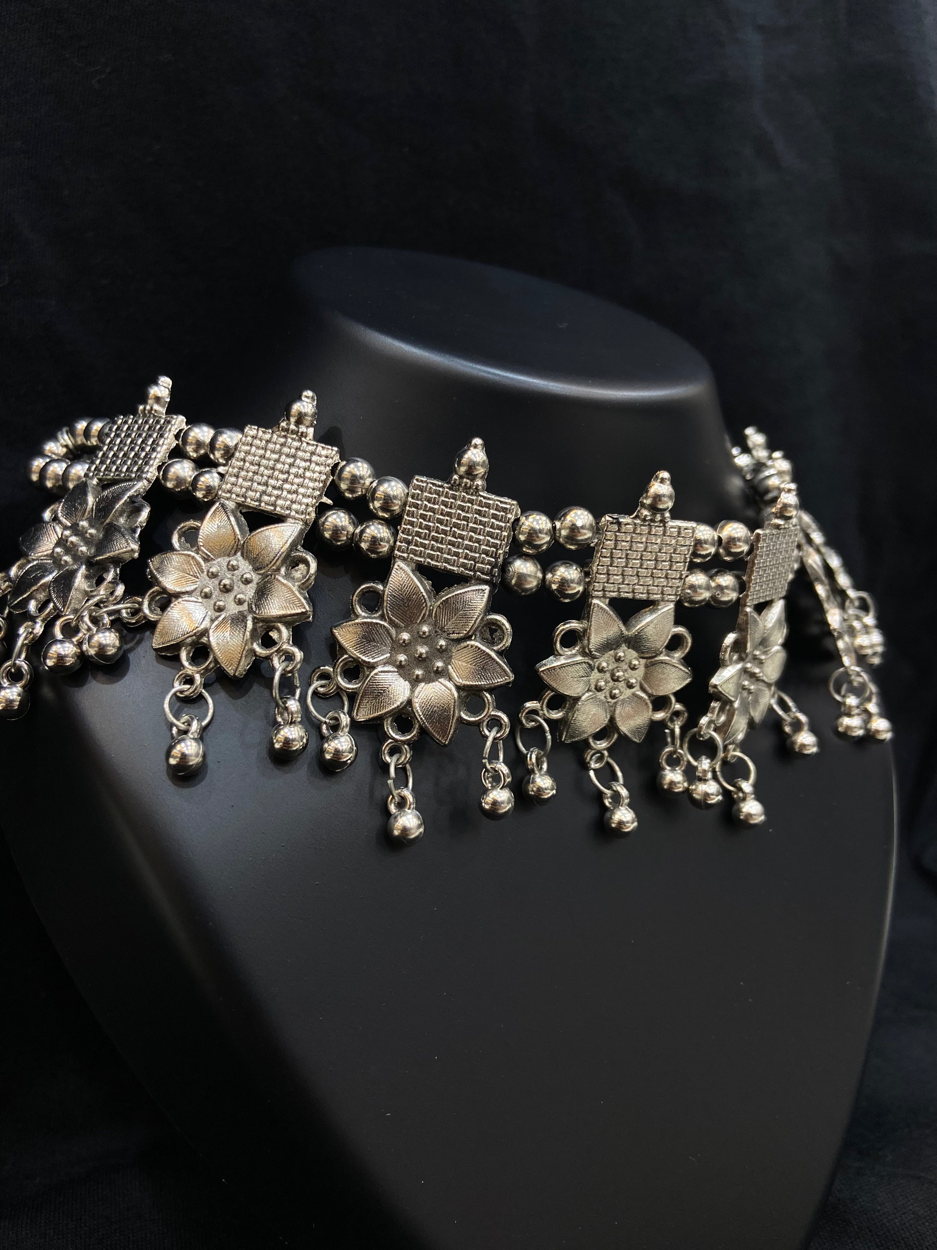 Oxidized Silver Floral Choker Necklace (Copy)
