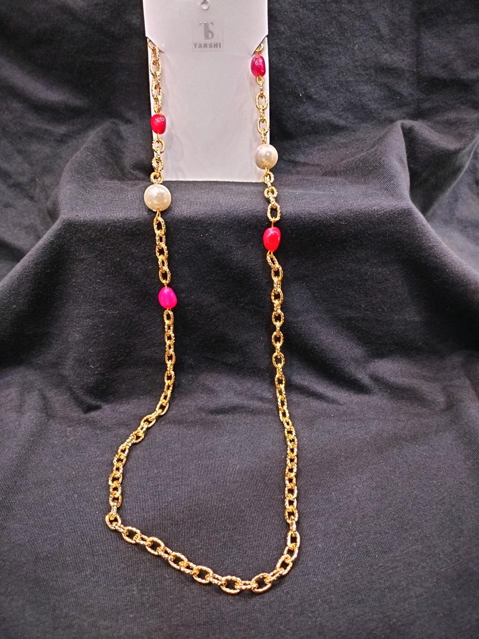 Elegant Gold Chain Necklace with Pearls & Pink Beads